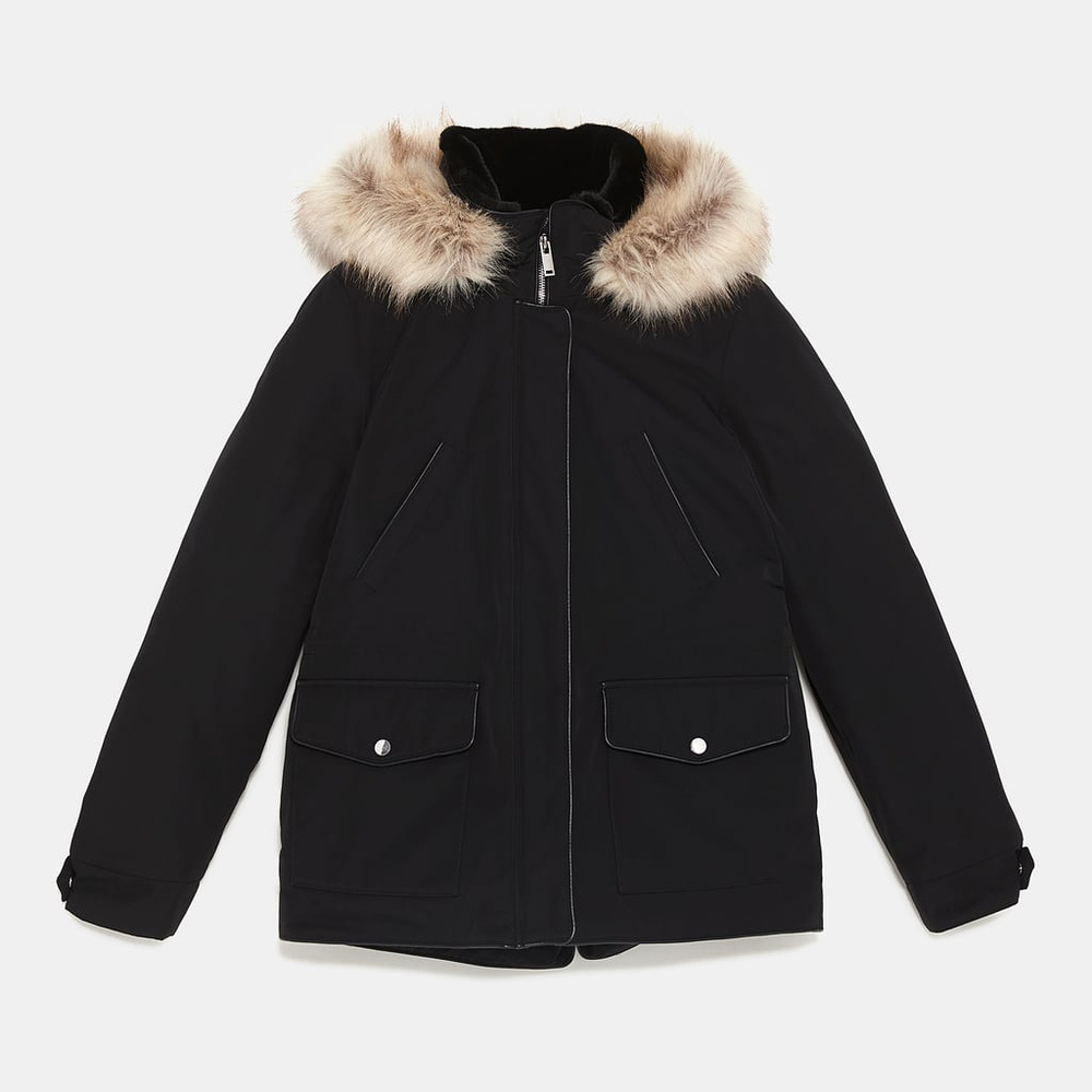 Zara Padded Black Parka Detachable Faux Fur Hood S
